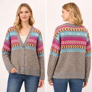 Lucky Brand NWT Fair Isle Knit Cardigan Sweater Medium Colorful Stripe Button
